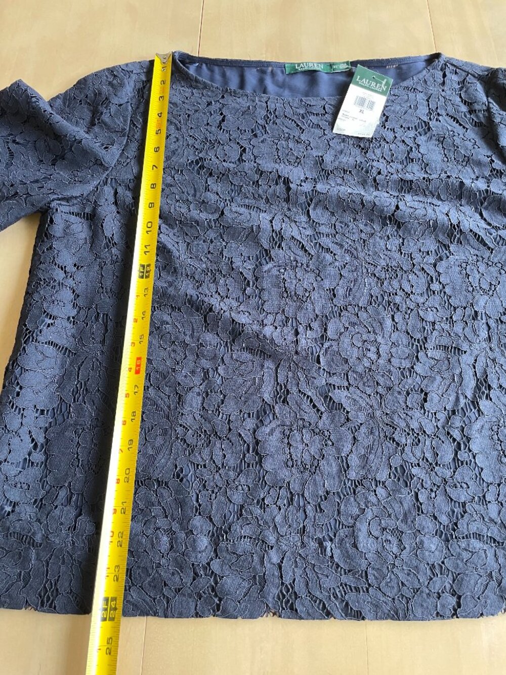 Entire Closet $5! $145 NEW Lauren Ralph Lauren Navy Blue Lace Bell Sleeve Top - Picture 9 of 13
